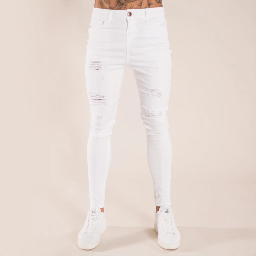 European Station 2024 Autumn Men's White Ripped Slim High-Waisted Jeans